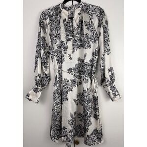HM Satin Floral‎ Long Sleeve Mini Dress White Black Button Front Tie Waist S